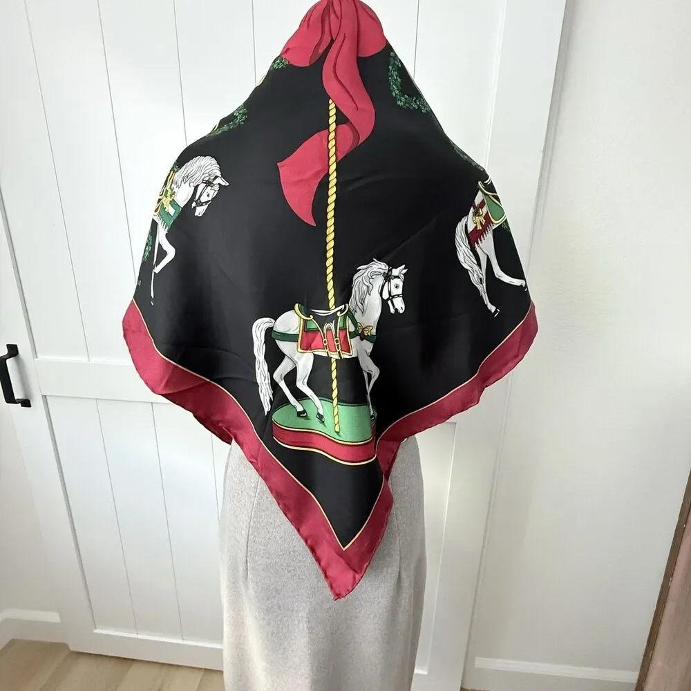 VTG 2026 Year of the Horse Silk Scarf - Red Gold Equestrian Carousel Old Money